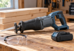 An unbranded blue and gray reciprocating saw rests on a wooden bench beside a detached battery, clear safety glasses and stacked timber.
