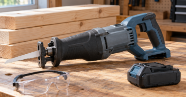 An unbranded blue and gray reciprocating saw rests on a wooden bench beside a detached battery, clear safety glasses and stacked timber.