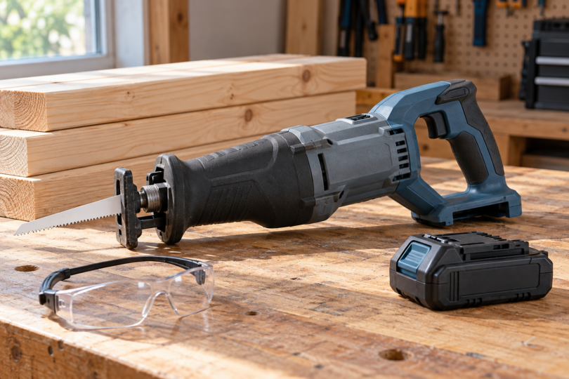 An unbranded blue and gray reciprocating saw rests on a wooden bench beside a detached battery, clear safety glasses and stacked timber.