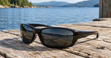 Black wraparound sunglasses with dark lenses resting on a wooden dock beside a lake