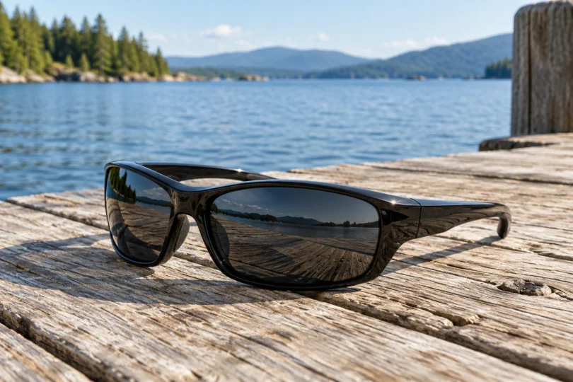 Black wraparound sunglasses with dark lenses resting on a wooden dock beside a lake