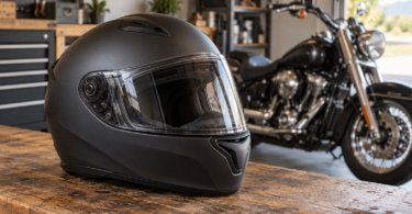 An unbranded matte black full-face helmet with a clear shield on a wooden workbench, with a cruiser motorcycle in the garage behind it.