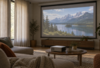 An unbranded projector facing a mountain-lake image on a screen in a living room with filtered daylight.