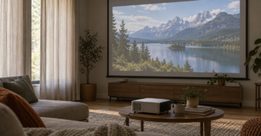 An unbranded projector facing a mountain-lake image on a screen in a living room with filtered daylight.