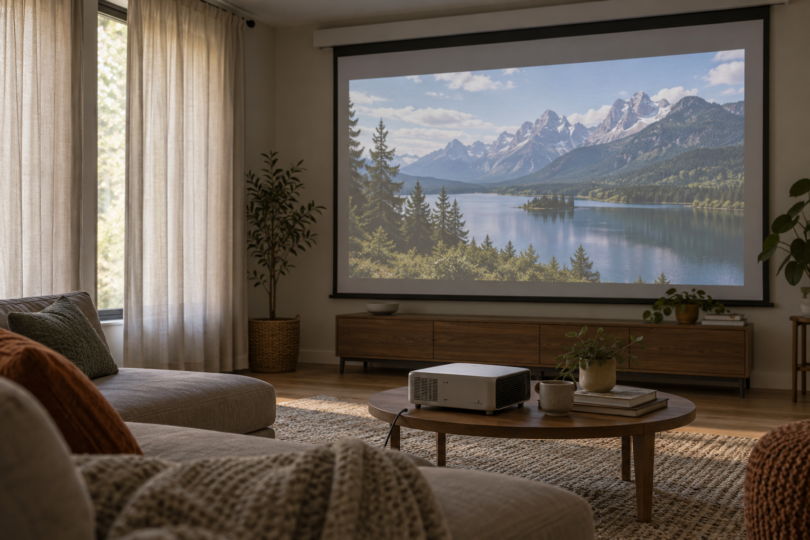 An unbranded projector facing a mountain-lake image on a screen in a living room with filtered daylight.