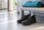 Black closed-toe work shoes on a clinic floor beside folded teal scrubs.