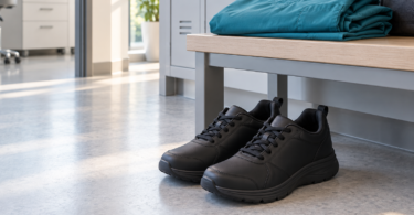 Black closed-toe work shoes on a clinic floor beside folded teal scrubs.