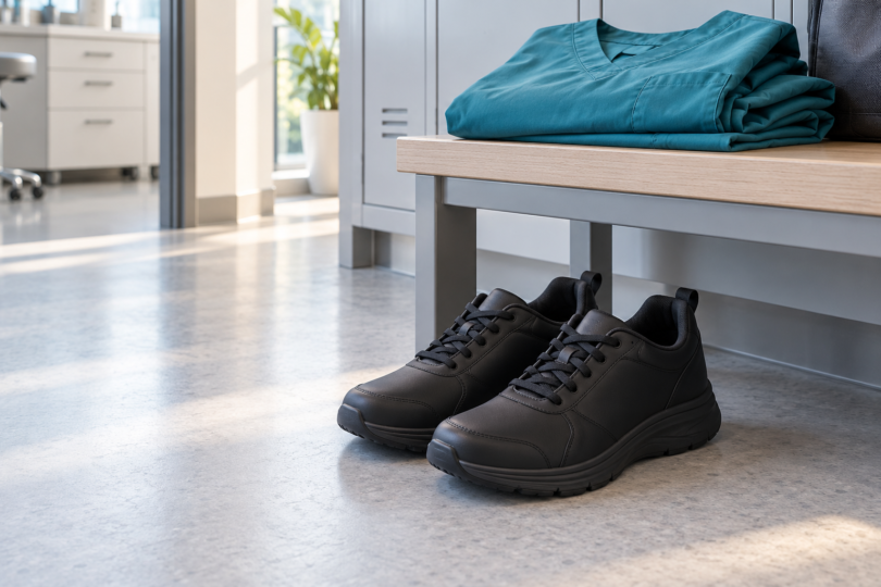 Black closed-toe work shoes on a clinic floor beside folded teal scrubs.