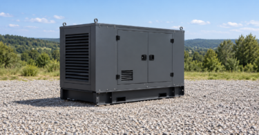 Generic dark gray enclosed generator on a dry gravel clearing with distant trees and blue sky.