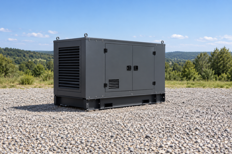 Generic dark gray enclosed generator on a dry gravel clearing with distant trees and blue sky.
