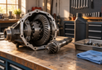 A generic differential assembly and pinion gear sit on a workshop bench beside an unbranded closed oil bottle, a metal parts tray and a blue cloth.