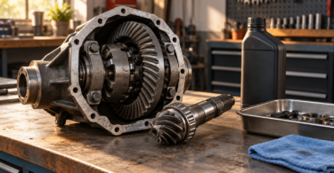 A generic differential assembly and pinion gear sit on a workshop bench beside an unbranded closed oil bottle, a metal parts tray and a blue cloth.