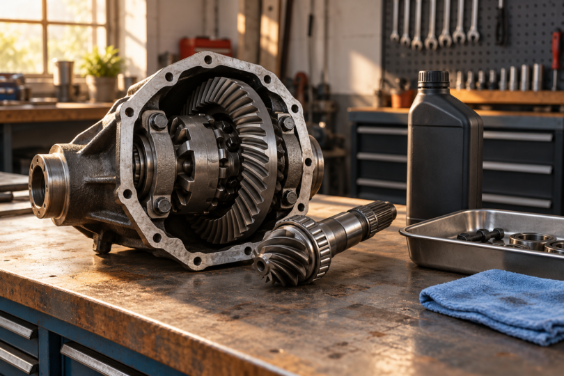 A generic differential assembly and pinion gear sit on a workshop bench beside an unbranded closed oil bottle, a metal parts tray and a blue cloth.