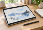A dark digital stylus beside a silver convertible laptop in tablet mode, displaying a blue and charcoal landscape sketch.