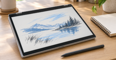 A dark digital stylus beside a silver convertible laptop in tablet mode, displaying a blue and charcoal landscape sketch.