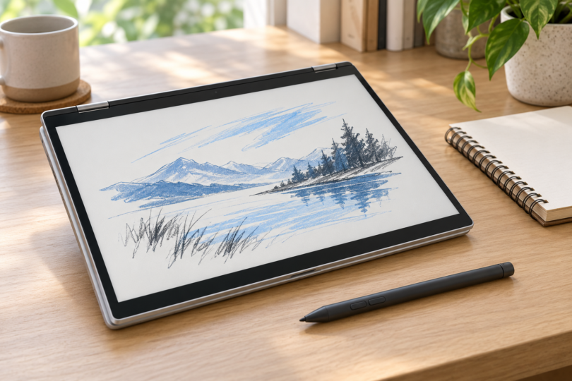 A dark digital stylus beside a silver convertible laptop in tablet mode, displaying a blue and charcoal landscape sketch.