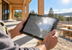An adult holds a generic rugged tablet showing a floor plan and sky reflections beside an unfinished building in bright sunlight.
