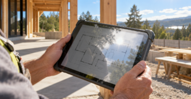 An adult holds a generic rugged tablet showing a floor plan and sky reflections beside an unfinished building in bright sunlight.