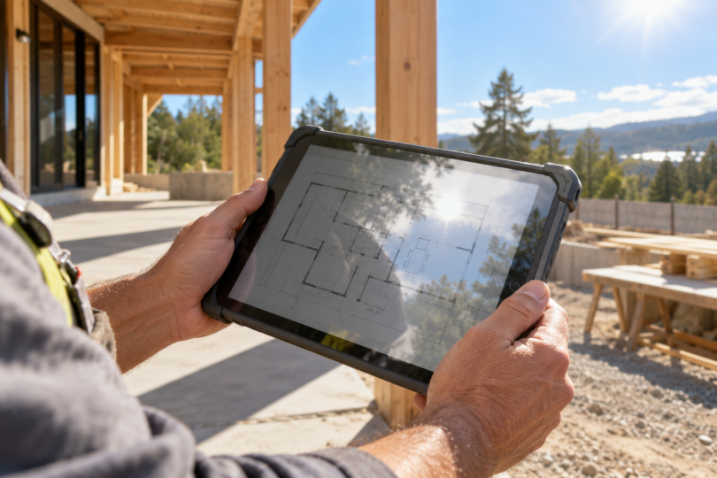 An adult holds a generic rugged tablet showing a floor plan and sky reflections beside an unfinished building in bright sunlight.
