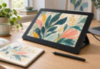 A generic drawing display showing botanical artwork on a wooden desk beside a stylus, sketchbook and laptop.