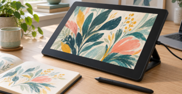 A generic drawing display showing botanical artwork on a wooden desk beside a stylus, sketchbook and laptop.