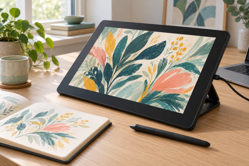 A generic drawing display showing botanical artwork on a wooden desk beside a stylus, sketchbook and laptop.