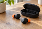 Two black wireless earbuds with orange foam tips beside an open black carry case on a wooden table.