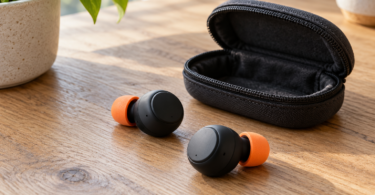 Two black wireless earbuds with orange foam tips beside an open black carry case on a wooden table.