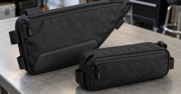 Two unbranded black zippered storage pouches, one triangular and one rectangular, resting on a gray workbench.