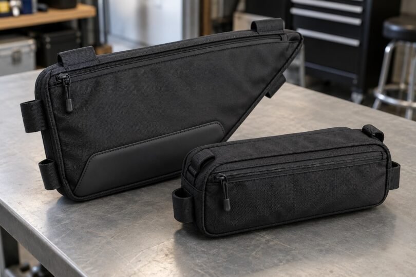Two unbranded black zippered storage pouches, one triangular and one rectangular, resting on a gray workbench.