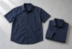 A dark navy short-sleeve button-front work shirt beside a folded navy collared shirt on a pale gray surface.