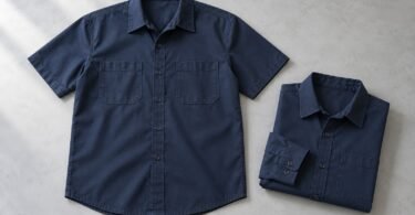 A dark navy short-sleeve button-front work shirt beside a folded navy collared shirt on a pale gray surface.