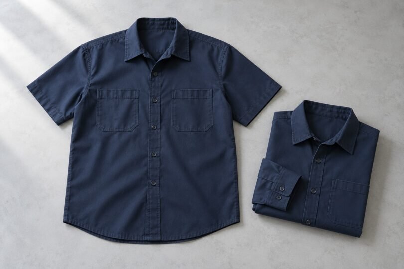 A dark navy short-sleeve button-front work shirt beside a folded navy collared shirt on a pale gray surface.