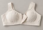 Illustration of an ivory support bra laid flat with its hook-and-loop front fastening partly open.