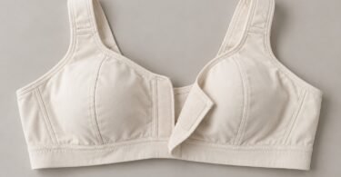 Illustration of an ivory support bra laid flat with its hook-and-loop front fastening partly open.