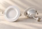 Illustration of two unbranded white LED retrofit downlights and a screw-base adapter.