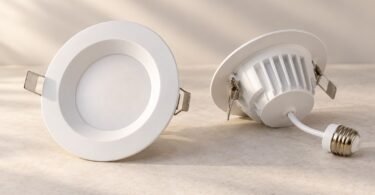 Illustration of two unbranded white LED retrofit downlights and a screw-base adapter.