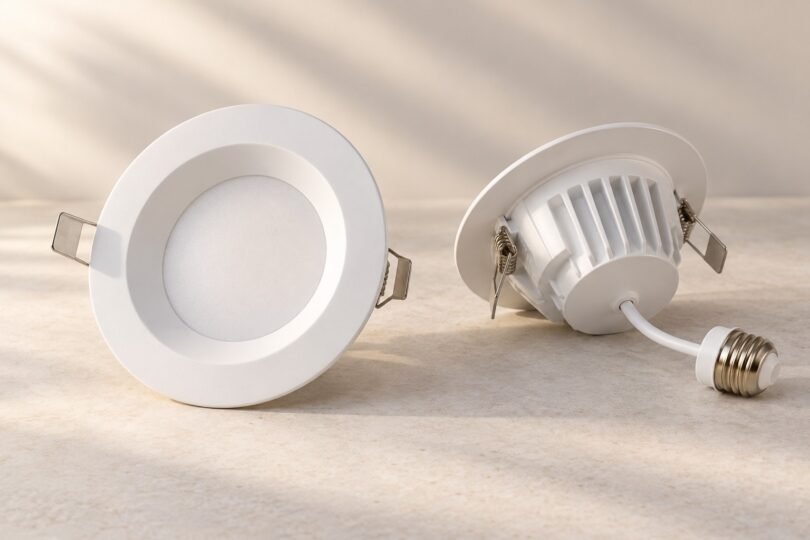 Illustration of two unbranded white LED retrofit downlights and a screw-base adapter.