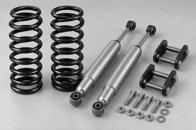 Illustration of generic pickup coil springs, shock absorbers, shackles and hardware