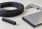 Black U-channel trim coiled on a workbench beside a trimmed metal panel, a short open-channel sample and a caliper.