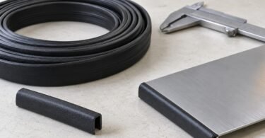 Black U-channel trim coiled on a workbench beside a trimmed metal panel, a short open-channel sample and a caliper.