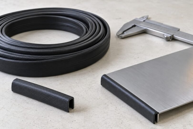 Black U-channel trim coiled on a workbench beside a trimmed metal panel, a short open-channel sample and a caliper.