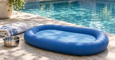 Blue oval pet pool float on a stone patio beside a swimming pool, with a folded towel and water bowl.
