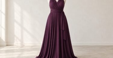 Unbranded plum convertible-style gown with wrapped fabric panels on a neutral dress form