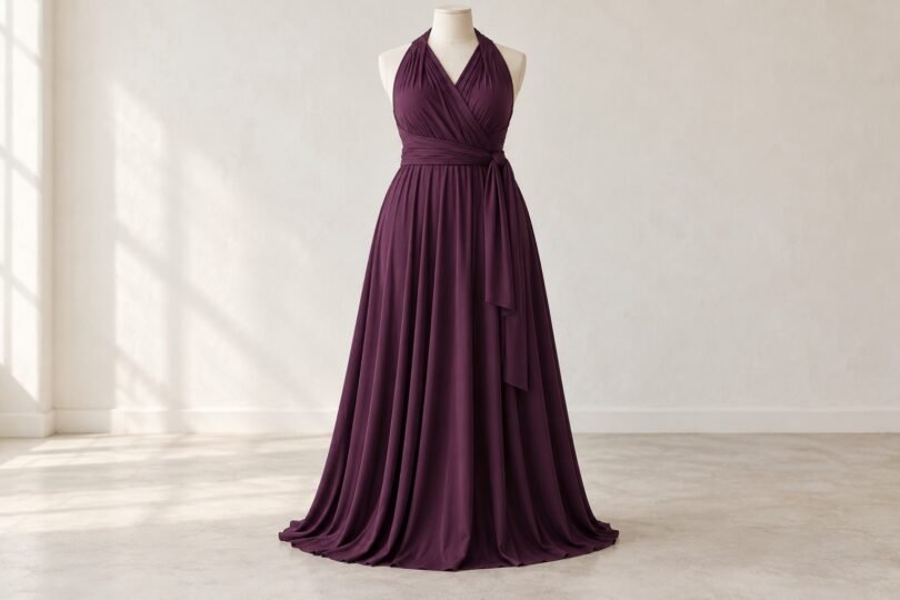 Unbranded plum convertible-style gown with wrapped fabric panels on a neutral dress form