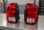 Two unbranded red and clear tail-light assemblies on a gray workshop bench.