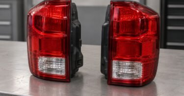 Two unbranded red and clear tail-light assemblies on a gray workshop bench.