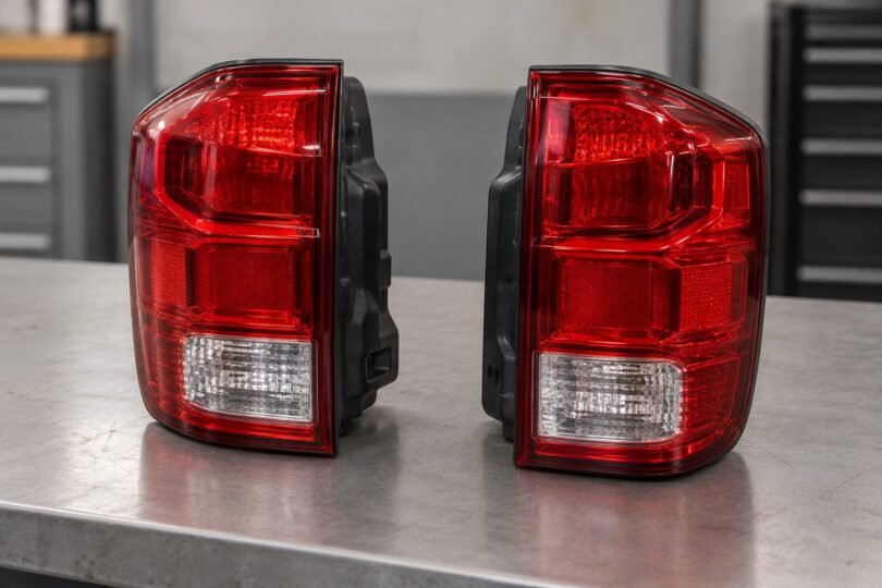 Two unbranded red and clear tail-light assemblies on a gray workshop bench.