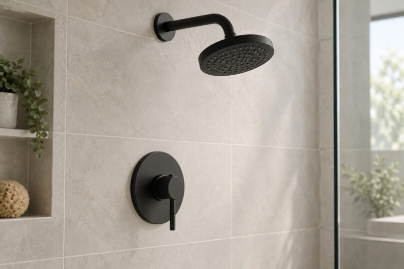 Illustrative unbranded matte-black showerhead and lever trim on a pale tiled wall