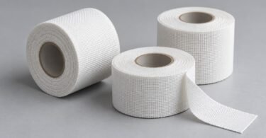 Illustration of plain white cloth tape rolls with an unrolled end on a gray surface.